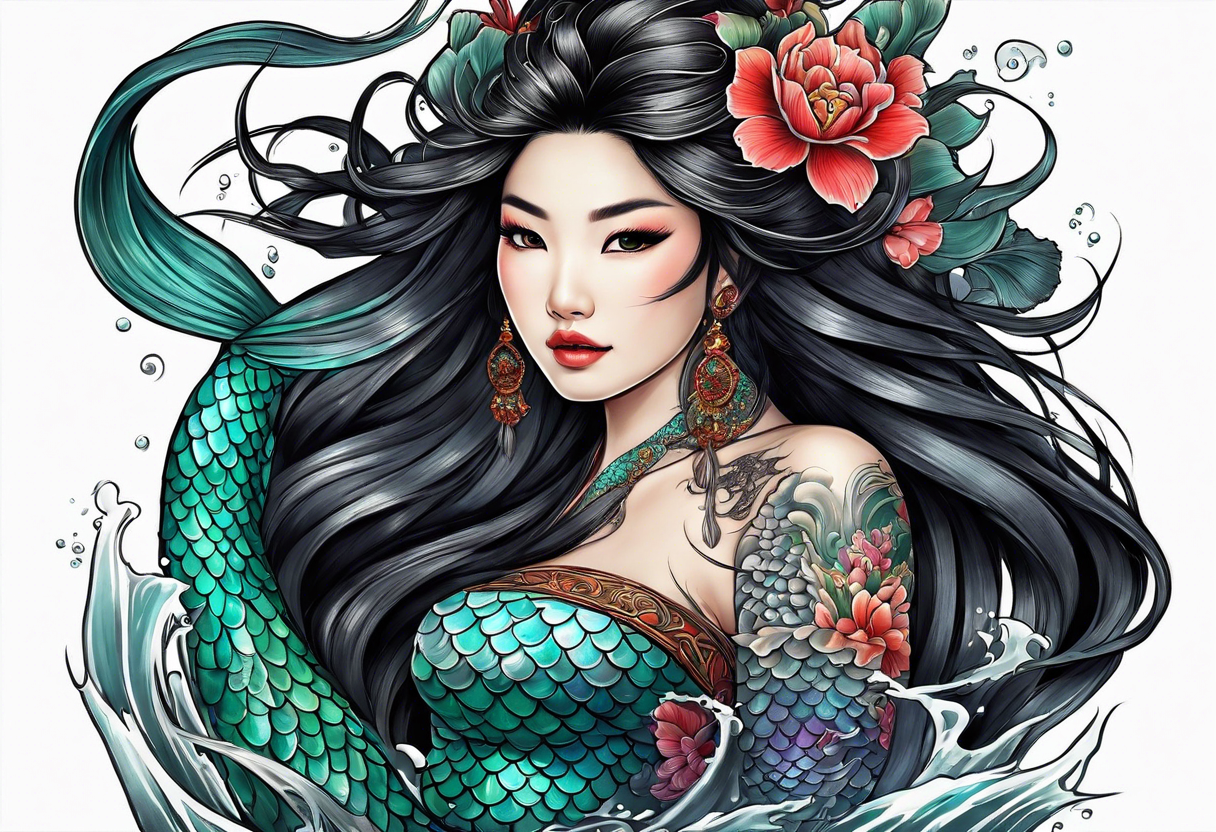 Asian mermaid with long black hair picks through shipwreck tattoo idea