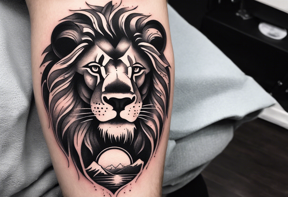 Tattoo in the shape of a lion head with a father and son in the mountains with  a waterfall and cross in the background and a sunset inside of it tattoo idea