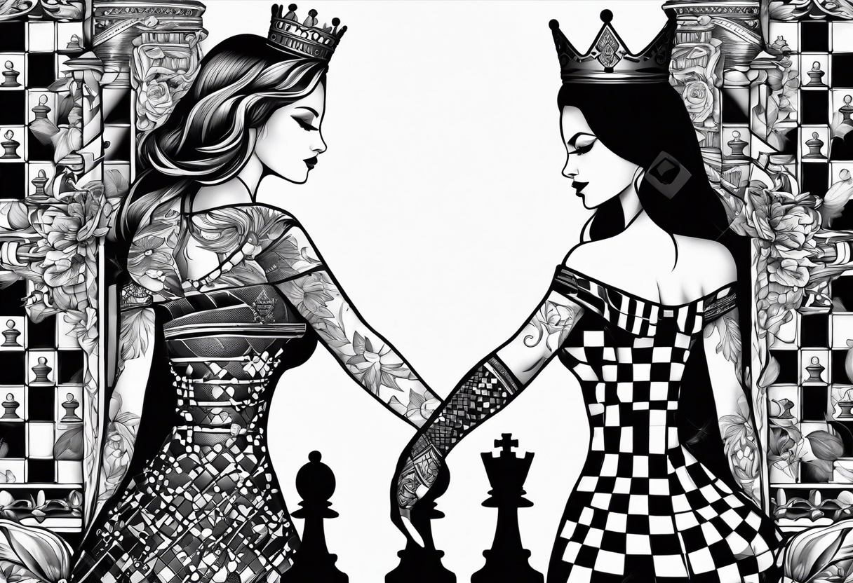 narrow rectangle strip made of chess queens and pawns holding hands tattoo idea