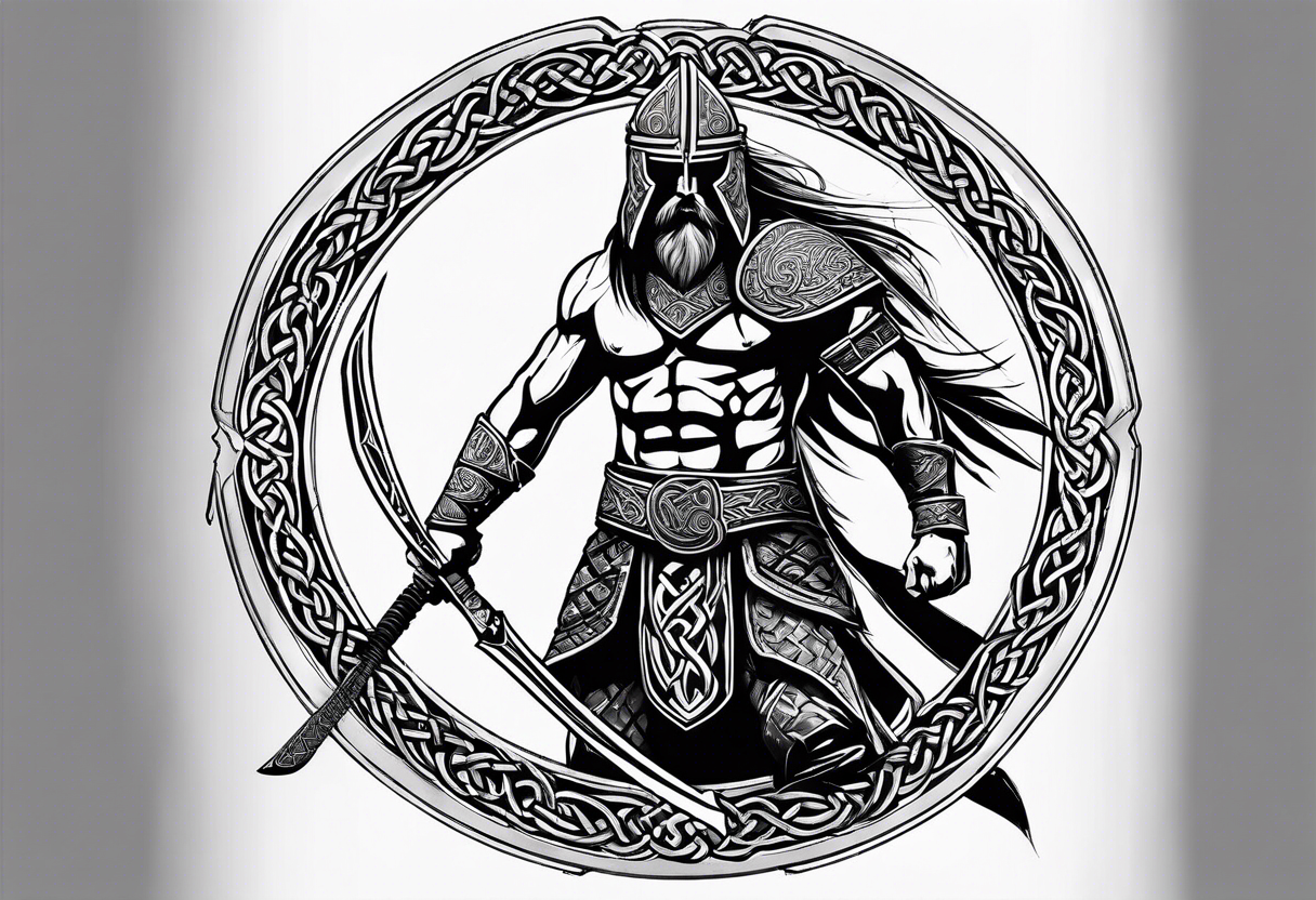 Sideways facing full body shot of a Celtic warrior with weapons unsheathed tattoo idea