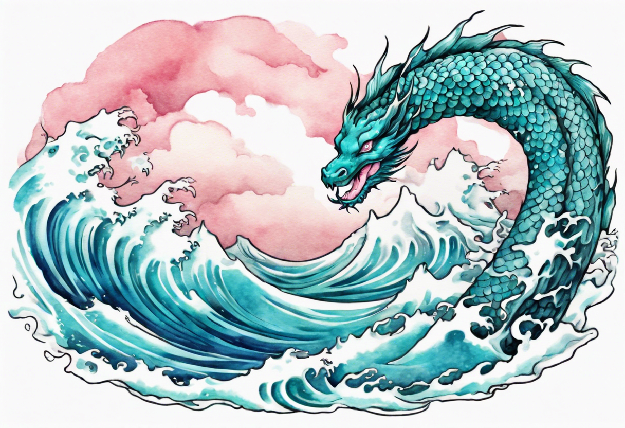 a beautiful turquoise and white and pink Jörmungandr rising from the blue waves of the ocean tattoo idea