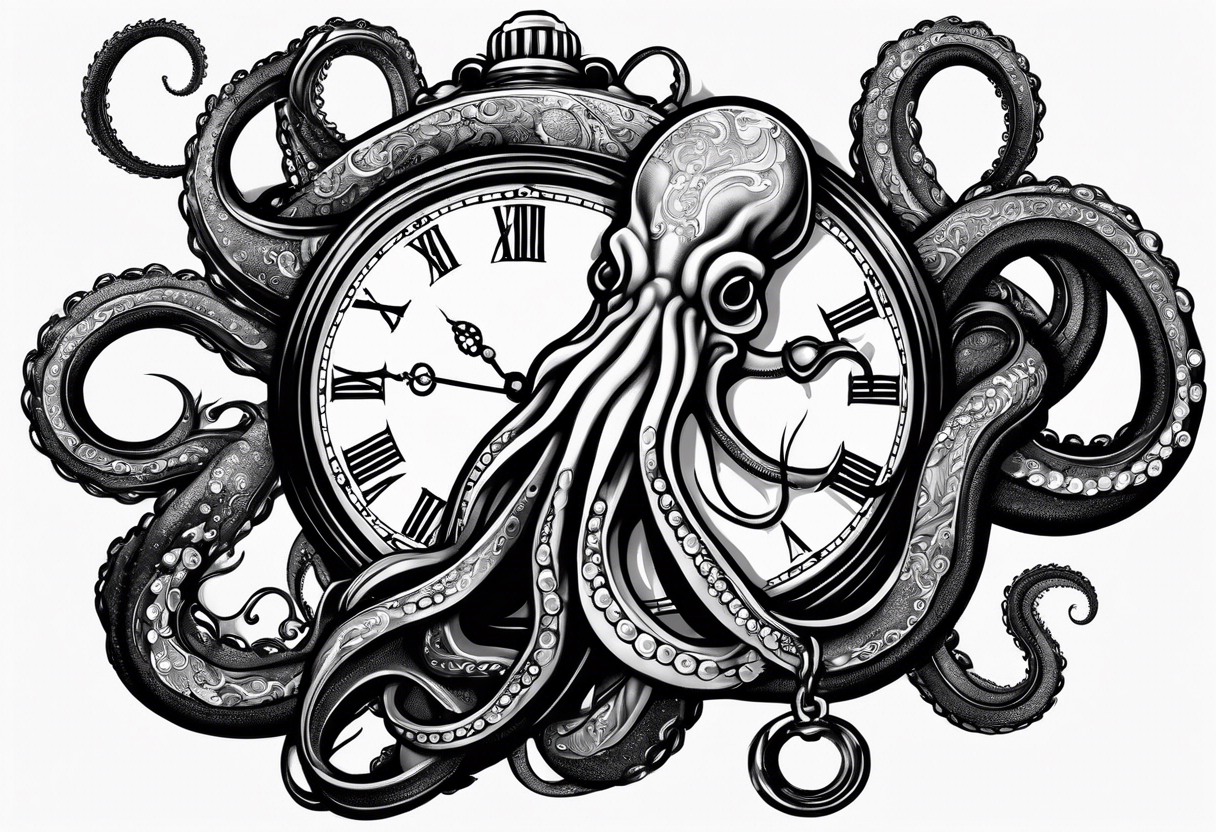 pocket watch wrapped under an aggressive octopus, 3/4 perspective tattoo idea