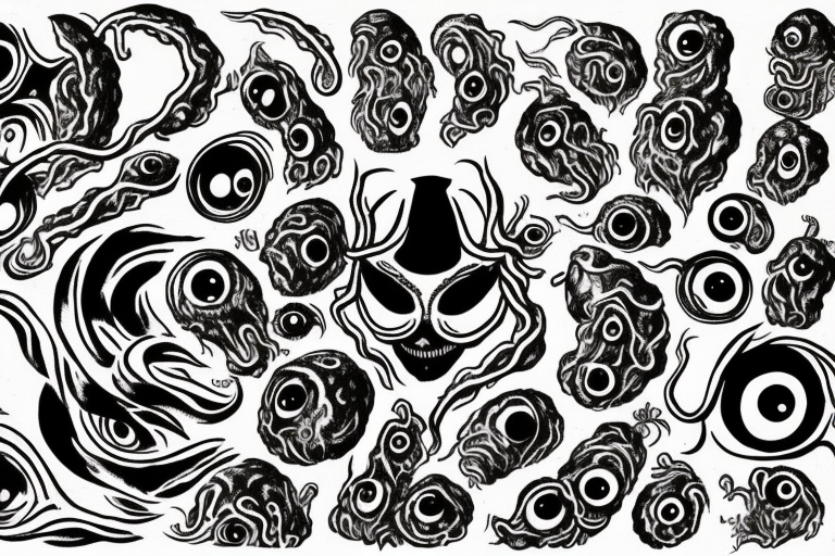 "Hermaeus Mora" 
huge black mass  in the middle with a lot of tentacles with eyeballs from middle to out and a lot of randomly placed eyeballs 

horizontally symmetric 
with necronormicon tattoo idea