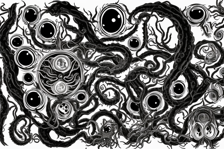 "Hermaeus Mora" 
huge black mass  in the middle with a lot of tentacles with eyeballs from middle to out and a lot of randomly placed eyeballs 

horizontally symmetric 
with necronormicon tattoo idea