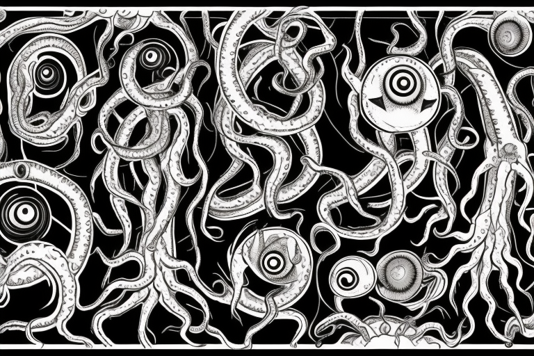 "Hermaeus Mora" 
huge black mass  in the middle with a lot of tentacles with eyeballs from middle to out and a lot of randomly placed eyeballs 

horizontally symmetric 
with necronormicon tattoo idea