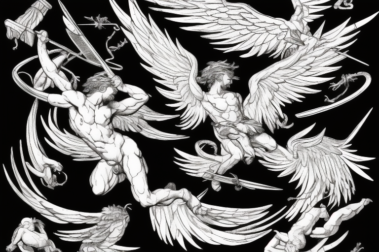 one lightning, falling icarus, phoenix, war, sword,, success, Michelangelo style, courage, fight, power, sharp black lines, maximalist, HD, lightning, strike tattoo idea