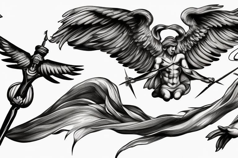 one lightning, falling icarus, phoenix, war, sword,, success, Michelangelo style, courage, fight, power, sharp black lines, maximalist, HD, lightning, strike tattoo idea