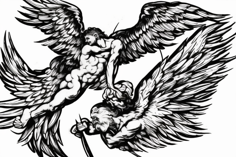 one lightning, falling icarus, phoenix, war, sword,, success, Michelangelo style, courage, fight, power, sharp black lines, maximalist, HD, lightning, strike tattoo idea