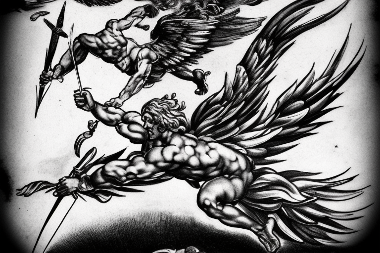 one lightning, falling icarus, phoenix, war, sword,, success, Michelangelo style, courage, fight, power, sharp black lines, maximalist, HD, lightning, strike tattoo idea