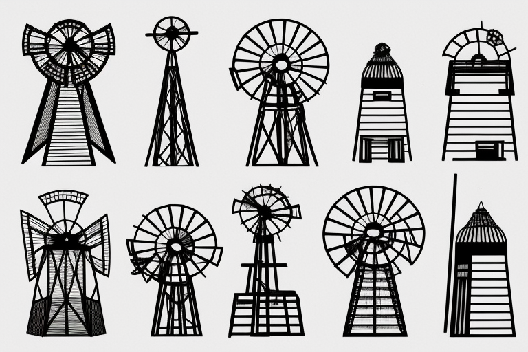 Brutalist windmill architectural shaded front view tattoo idea