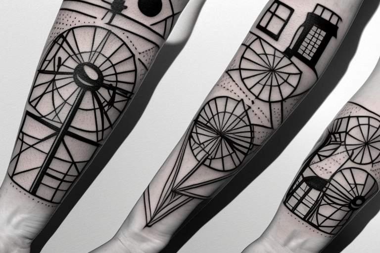 Brutalist windmill architectural shaded front view tattoo idea