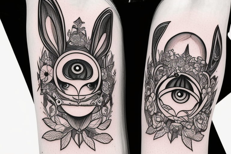 Outline bunny with big glossy eyes and mushroom spore third eye tattoo idea