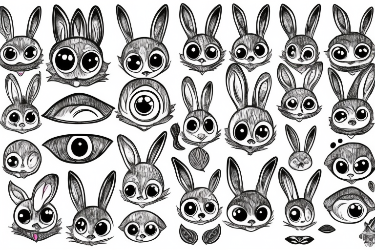 Outline bunny with big glossy eyes and mushroom spore third eye tattoo idea