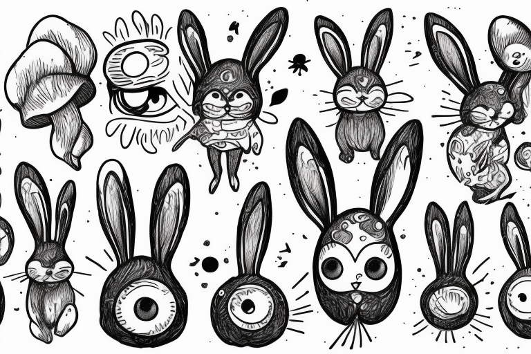 Outline bunny with big glossy eyes and mushroom spore third eye tattoo idea