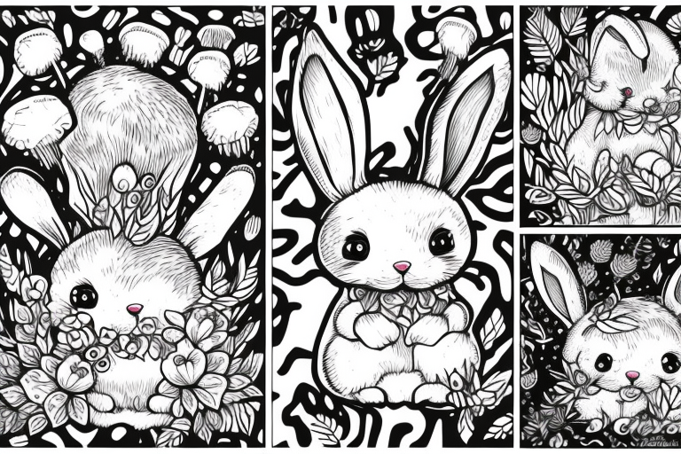 Fluffy bunny with glossy cutie eyes in bush and mushrooms tattoo idea