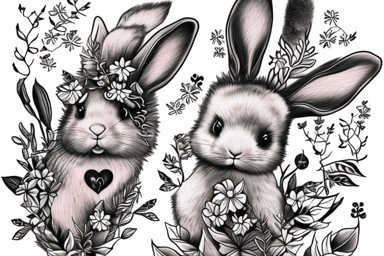 Fluffy bunny with glossy cutie eyes in bush and mushrooms tattoo idea