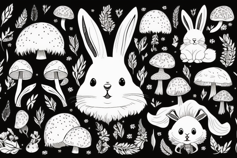 Fluffy bunny with glossy cutie eyes in bush and mushrooms tattoo idea