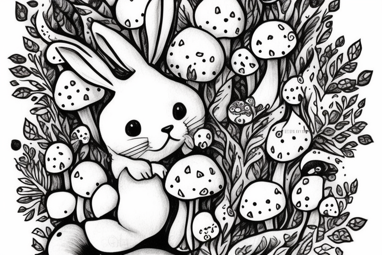 Fluffy bunny with glossy cutie eyes in bush and mushrooms tattoo idea