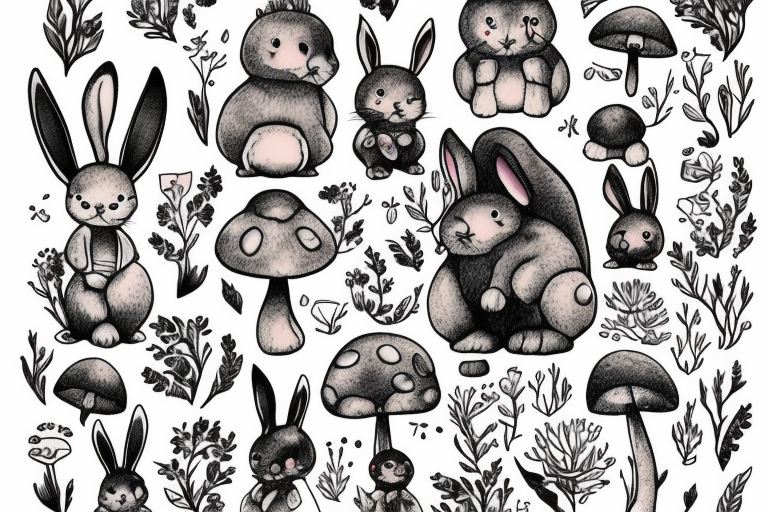 Fluffy bunny with glossy cutie eyes in bush and mushrooms tattoo idea