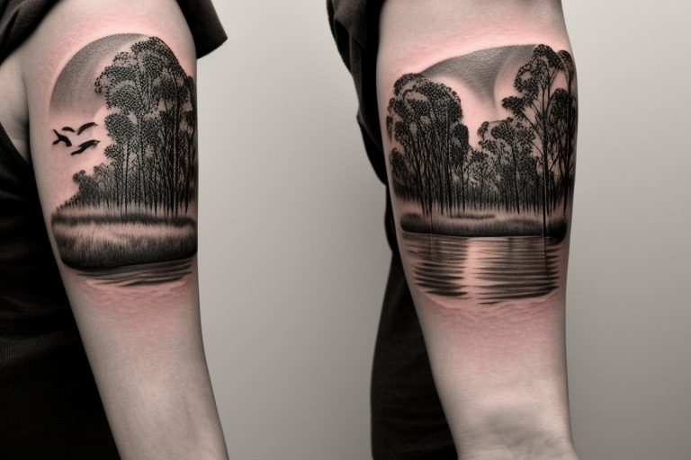 On my left arm, a sleeve tattoo of the Murray River with a Eucalyptus  camaldulensis in the foreground during sunset. tattoo idea | TattoosAI