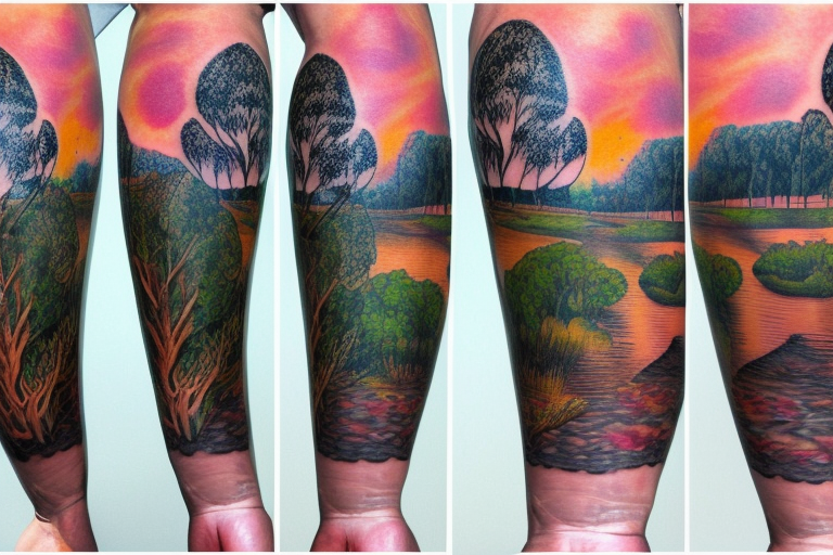 On my left arm, a sleeve tattoo of the Murray River with a Eucalyptus  camaldulensis in the foreground during sunset. tattoo idea