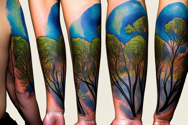 On my left arm, a sleeve tattoo of the Murray River with a Eucalyptus camaldulensis in the foreground during sunset. tattoo idea