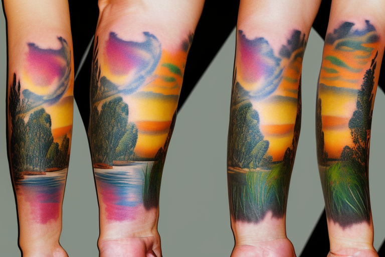 On my left arm, a sleeve tattoo of the Murray River with a Eucalyptus camaldulensis in the foreground during sunset. tattoo idea