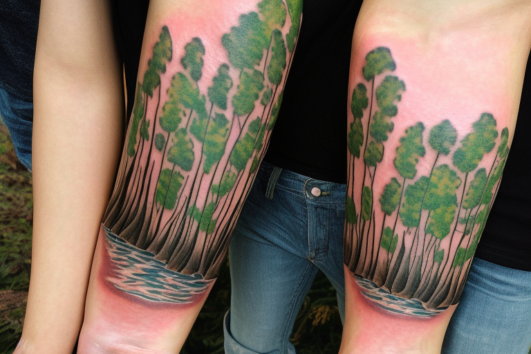 On my left arm, a sleeve tattoo of the Murray River with a Eucalyptus camaldulensis in the foreground during sunset. tattoo idea