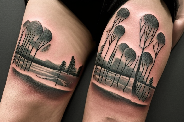 On my left arm, a sleeve tattoo of the Murray River with a Eucalyptus camaldulensis in the foreground during sunset. tattoo idea