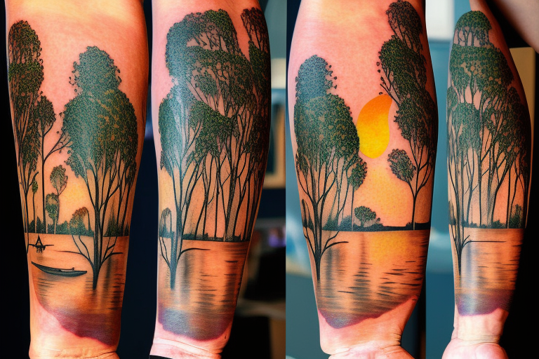 On my left arm, a sleeve tattoo of the Murray River with a Eucalyptus camaldulensis in the foreground during sunset. tattoo idea