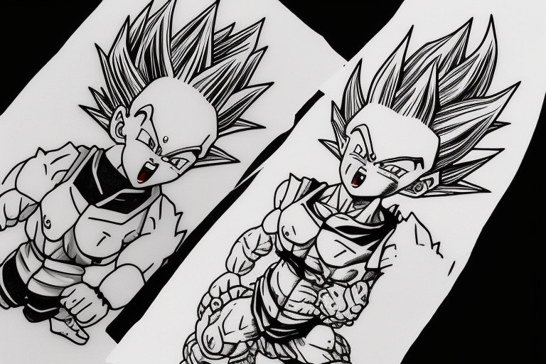 Dragon Ball kontynuacja tatuażu Vegety przytulającego swojego syna, przed poświęceniem się z walką z Bubu tattoo idea