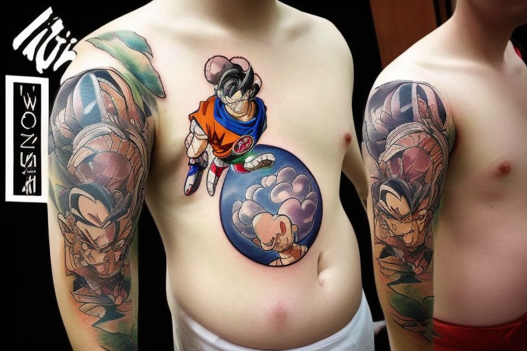 Noga. Dragon Ball kontynuacja tatuażu Vegety przytulającego swojego syna przed poświęceniem się z walką z Bubu tattoo idea