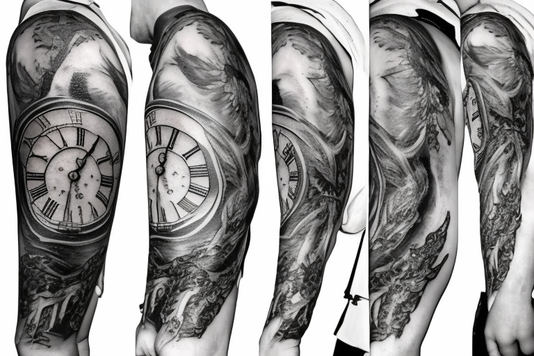 A realistic angel with large wings holding a grandfather clock with a time  of 6:13 tattoo idea | TattoosAI