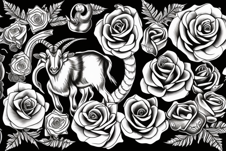 3 eyed Capricorn goat with shading and line work which blends seamlessly into roses thorns and text saying loyalty tattoo idea