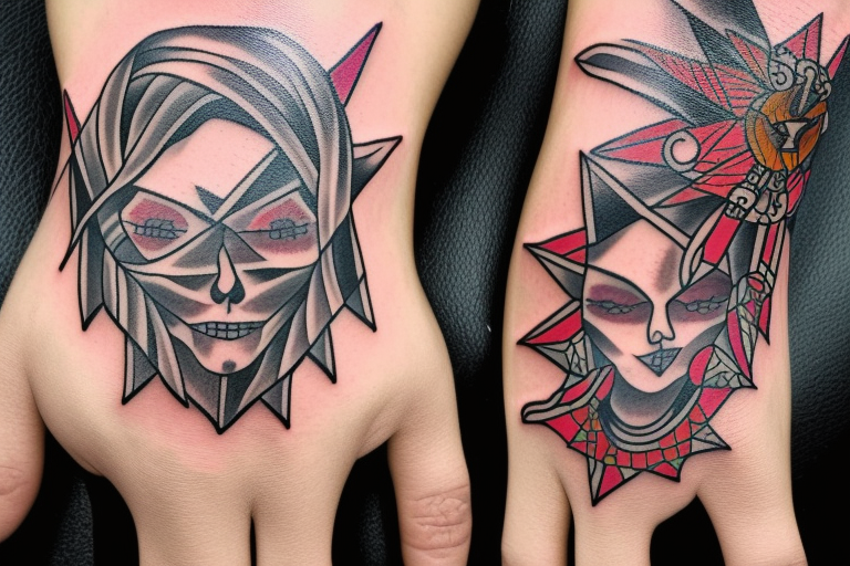 Demon nun holding bloody ruler and native jewelry tattoo idea