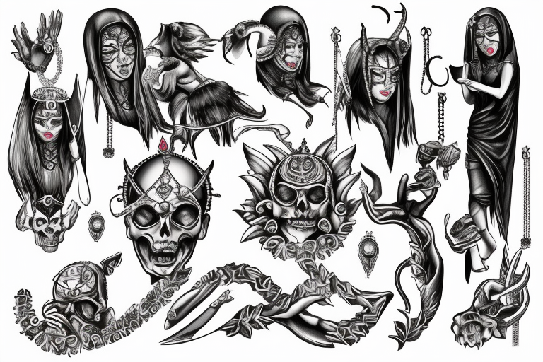 Demon nun holding bloody ruler and native jewelry tattoo idea