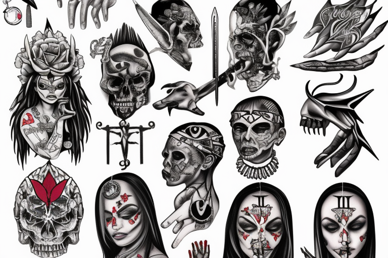 Demon nun holding bloody ruler and native jewelry tattoo idea