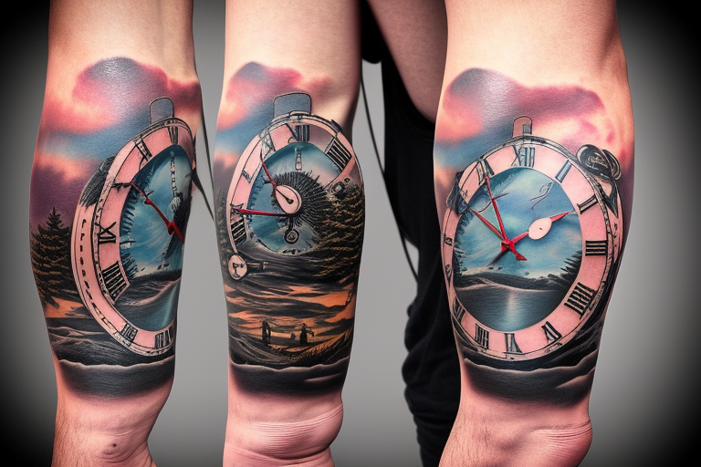 Full sleeve dark forest and sunset beach with old clock and eyes with  blinking effect a man riding a dark horse tattoo idea