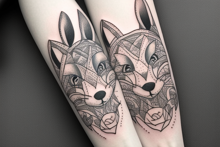 A hare rides on the guts of a fox tattoo idea