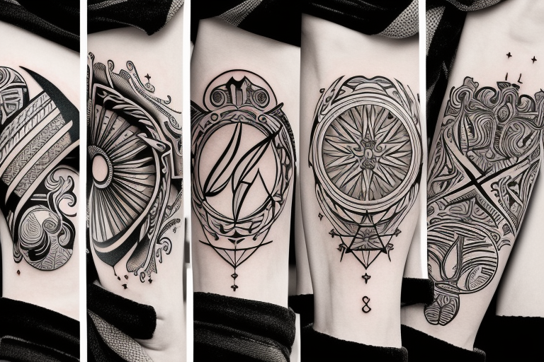 Symbols on the arm in a row: harmony, good lick, moon, purity, stability, enlightement, way tattoo idea