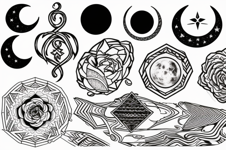 Symbols on the arm in a row (linework style): harmony, good lick, moon, purity, stability, enlightement, way tattoo idea