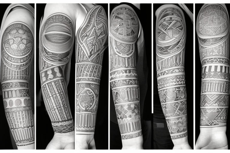 Symbols on the arm in a row (linework style): harmony, good lick, moon, purity, stability, enlightement, way tattoo idea