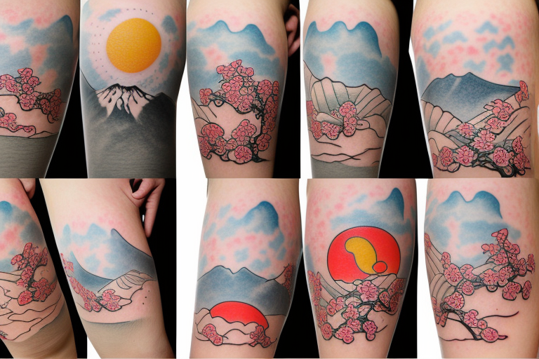 snail climbing the slope of Mount Fuji
Sakura grows on the slopes of the mountain
In the sky, the red sun hiding behind the clouds tattoo idea