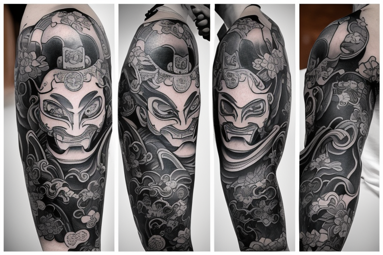 A sleeve just covering the forearm section that includes a katana, pagoda, spring blossoms and oni mask tattoo idea