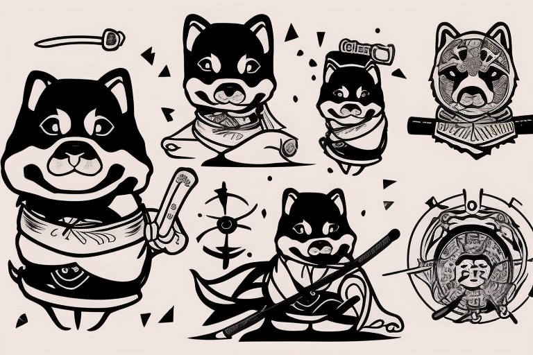 Samurai chubby Shiba Inu with katana in his paws and samurai hat , in full growth tattoo idea