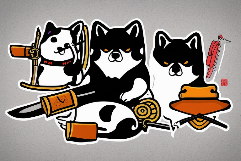 Samurai chubby Shiba Inu with katana in his paws and samurai hat , in full growth tattoo idea