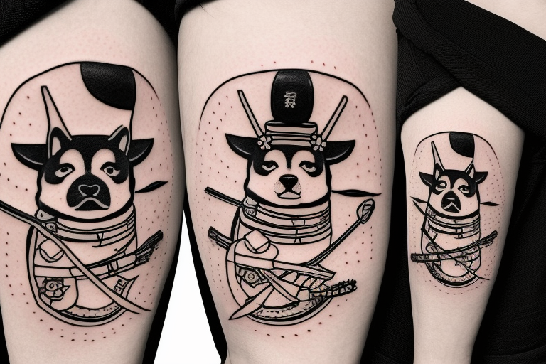 Samurai chubby Shiba Inu with katana in his paws and samurai hat , in full growth tattoo idea