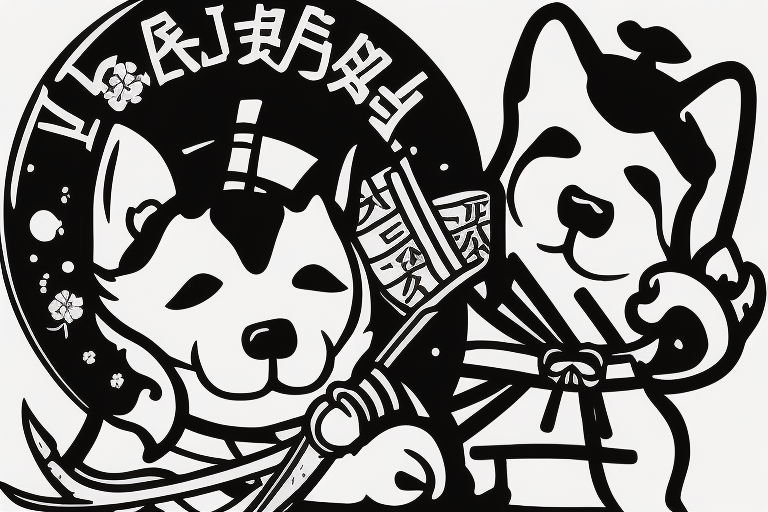 Samurai chubby Shiba Inu with katana in his paws and samurai hat , in full growth tattoo idea