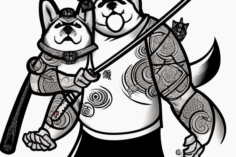 Samurai chubby Shiba Inu with katana in his paws and samurai hat , in full growth tattoo idea