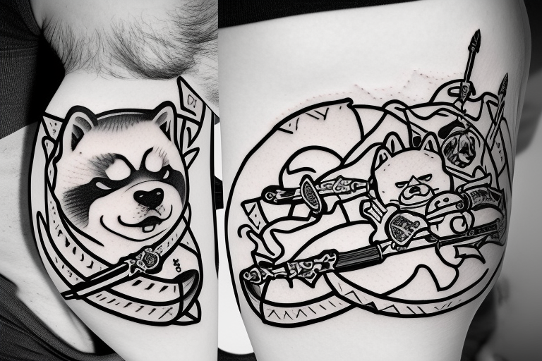 Samurai chubby Shiba Inu with katana in his paws and samurai hat , in full growth tattoo idea